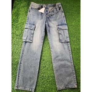 BoohooMAN Jeans Mens 30x30 Blue Light Wash Denim Cargo Pockets Straight